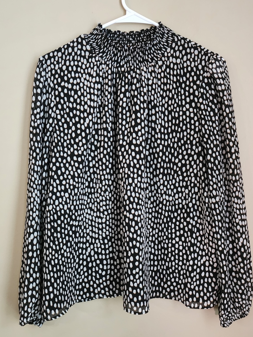 J. Crew Black and White Smocked Neck Top Longsleeve Women Size L Work Office